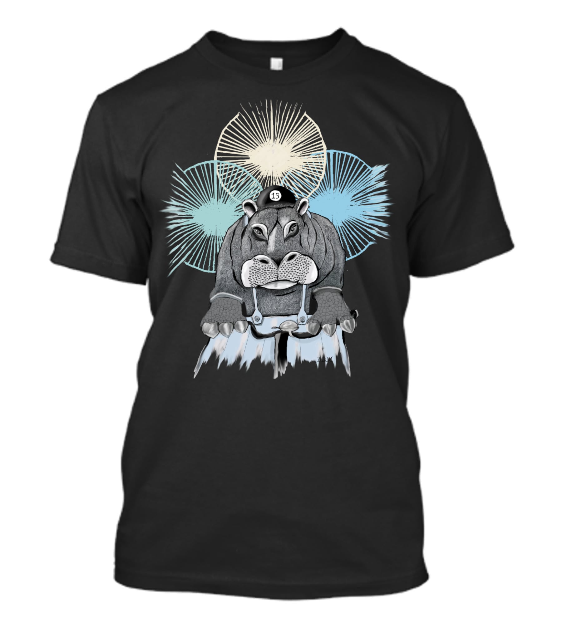 Hippo With Cap Number 13 Riding A Bike With Radiant Starburst Background T-Shirt