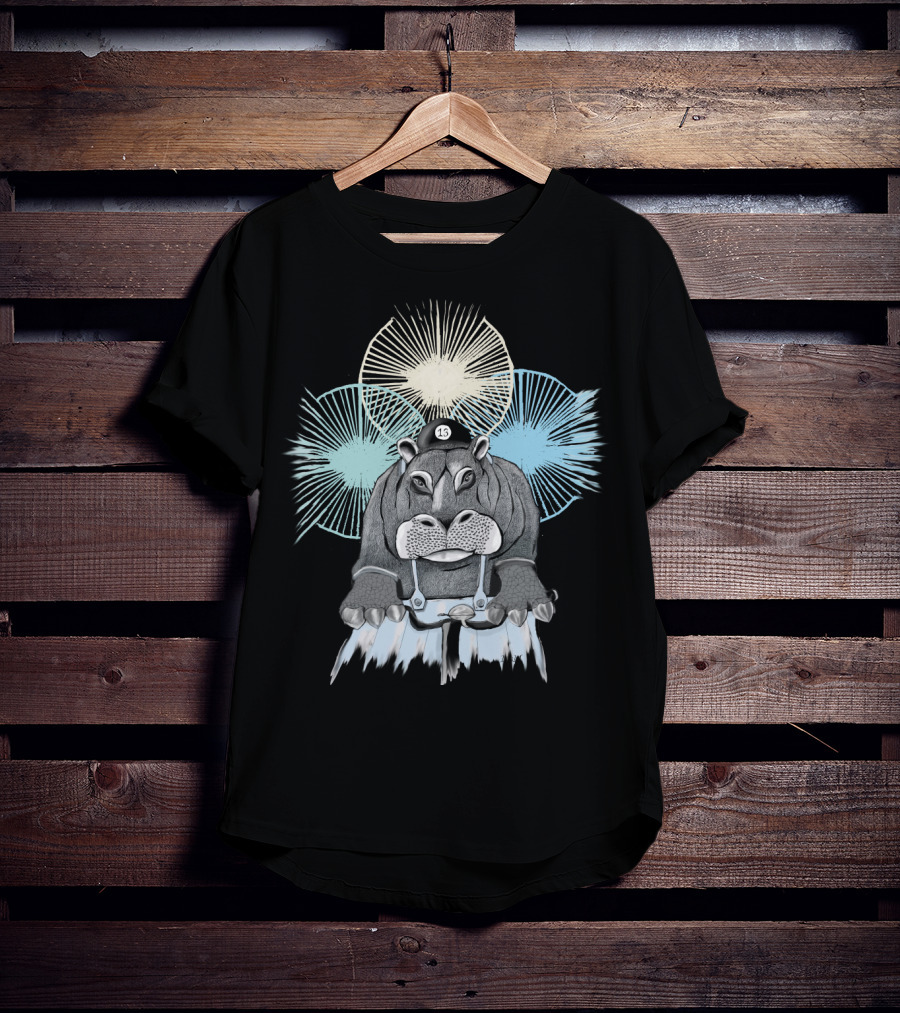Hippo With Cap Number 13 Riding A Bike With Radiant Starburst Background T-Shirt