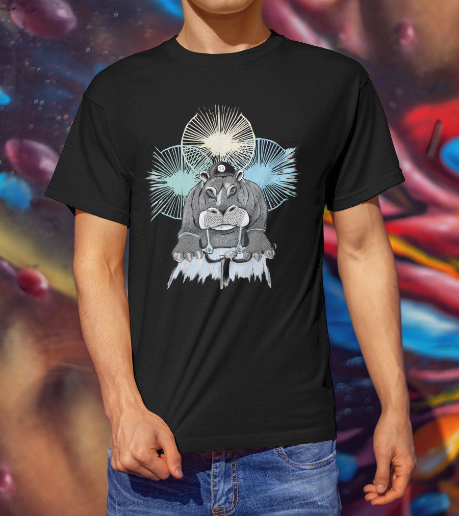 Hippo With Cap Number 13 Riding A Bike With Radiant Starburst Background T-Shirt
