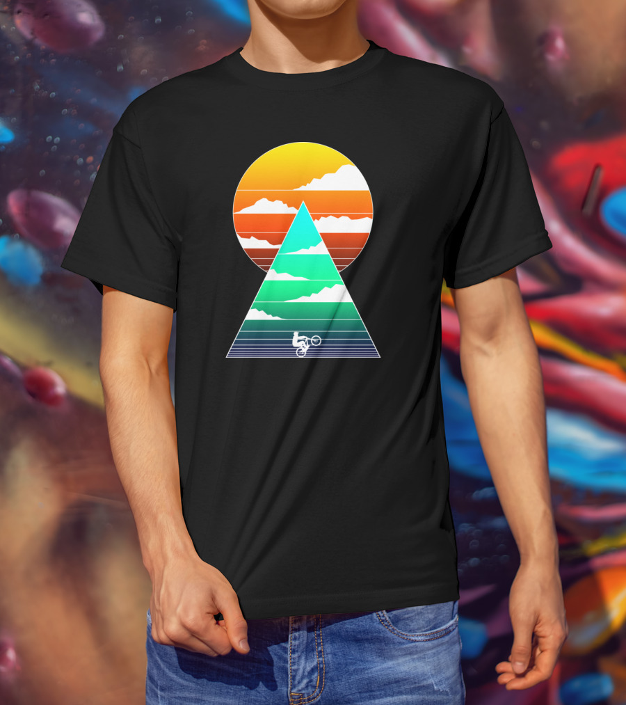 Sunset Mountain Biking Adventure In Geometric T-Shirt