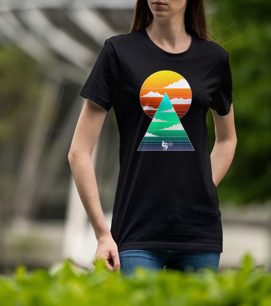 Sunset Mountain Biking Adventure In Geometric T-Shirt