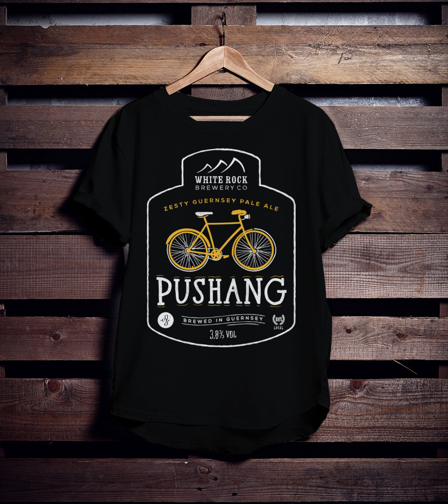 White Rock Brewery Co Pushang Zesty Guernsey Pale Ale 3.8% Vol Brewed In Guernsey Bike Label T-Shirt