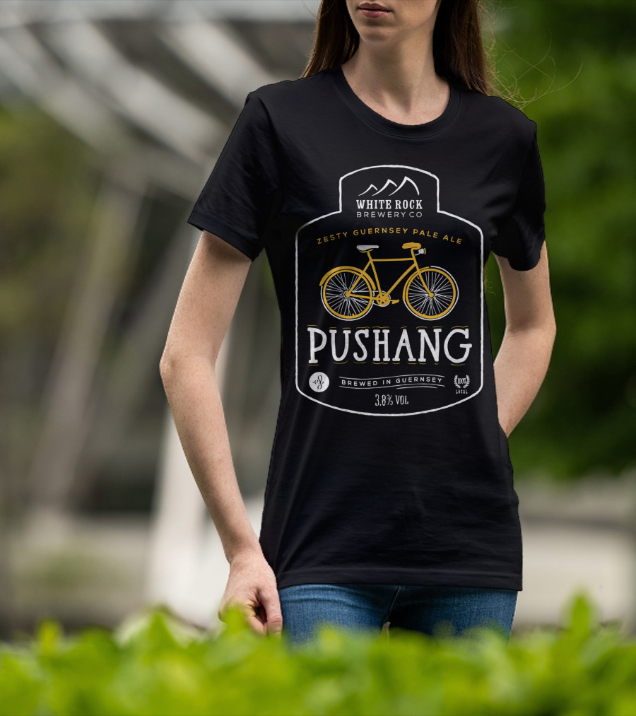 White Rock Brewery Co Pushang Zesty Guernsey Pale Ale 3.8% Vol Brewed In Guernsey Bike Label T-Shirt