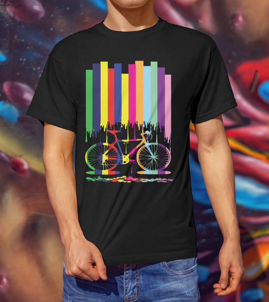 Rainbow Bicycle Dripping Paint Stripes T-Shirt