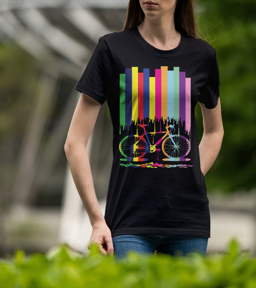 Rainbow Bicycle Dripping Paint Stripes T-Shirt