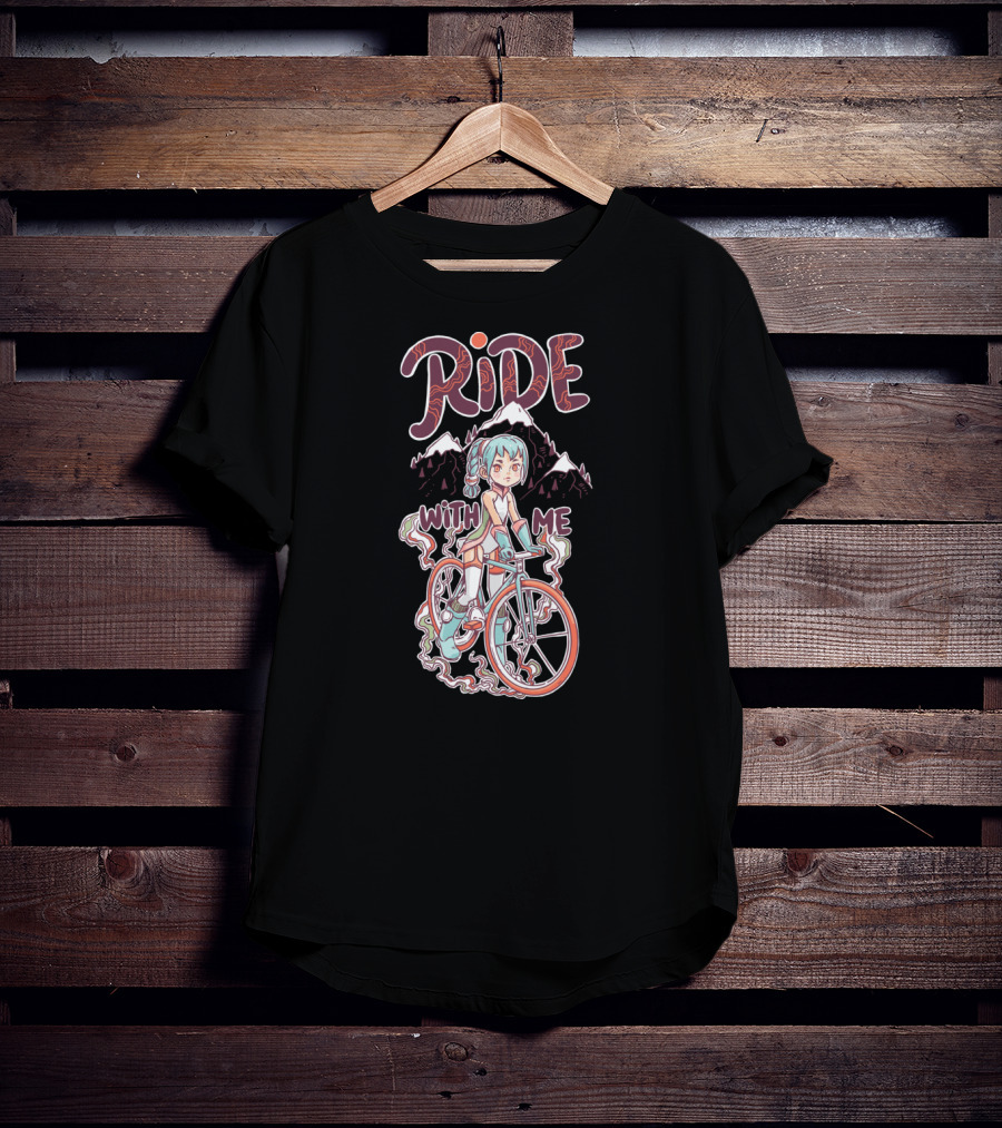 RIDE WITH ME Manga Style Biking Adventure With Blue-Haired Anime Character And Mountain Background T-Shirt