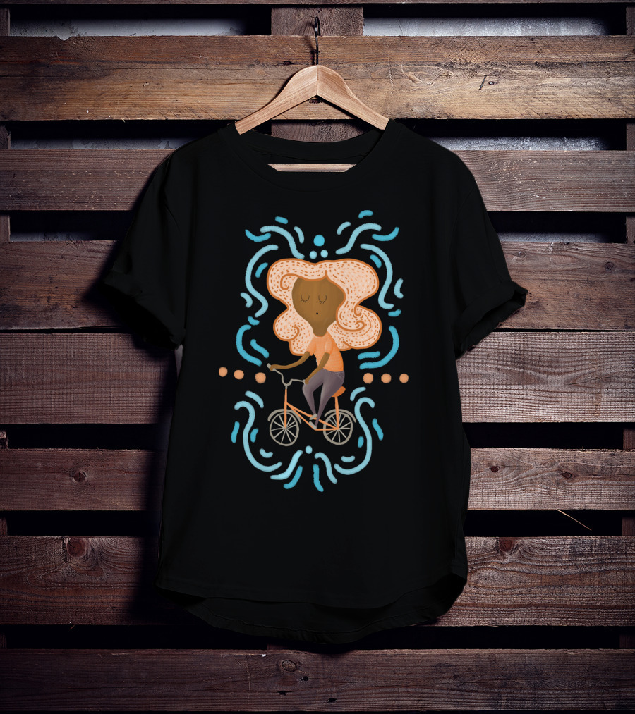 Sarah Bicycle Curly Orange Hair Blue Accents T-Shirt