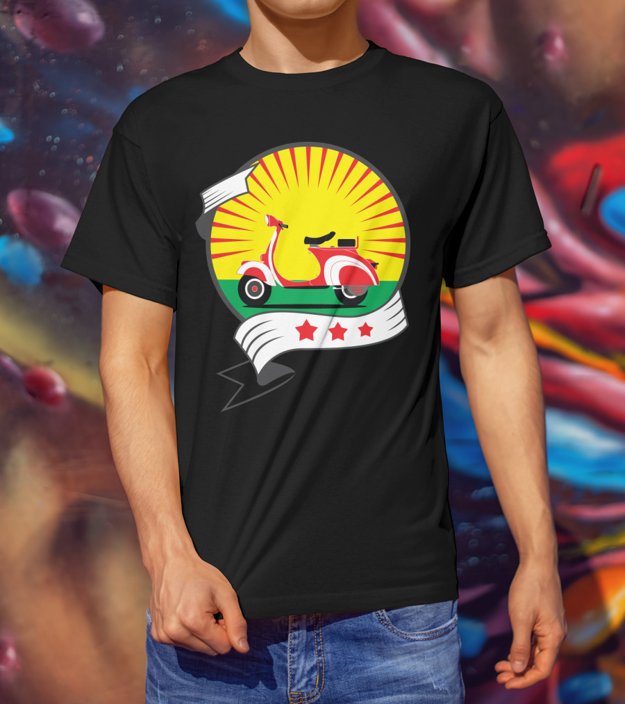 Vintage Red Scooter Sunburst Three Star Emblem T-Shirt