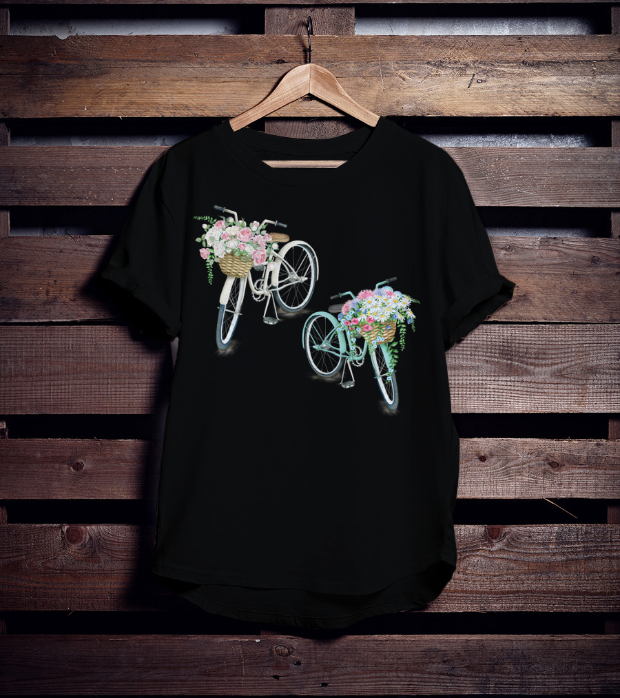 Vintage Bicycles With Flower Baskets Roses And Daisies T-Shirt
