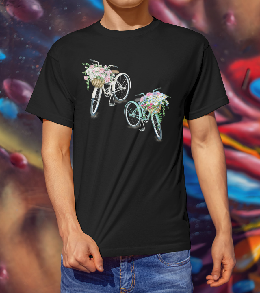 Vintage Bicycles With Flower Baskets Roses And Daisies T-Shirt