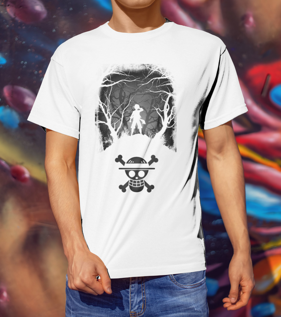 Luffy Silhouette In The Woods With Straw Hat Pirate Skull T-Shirt