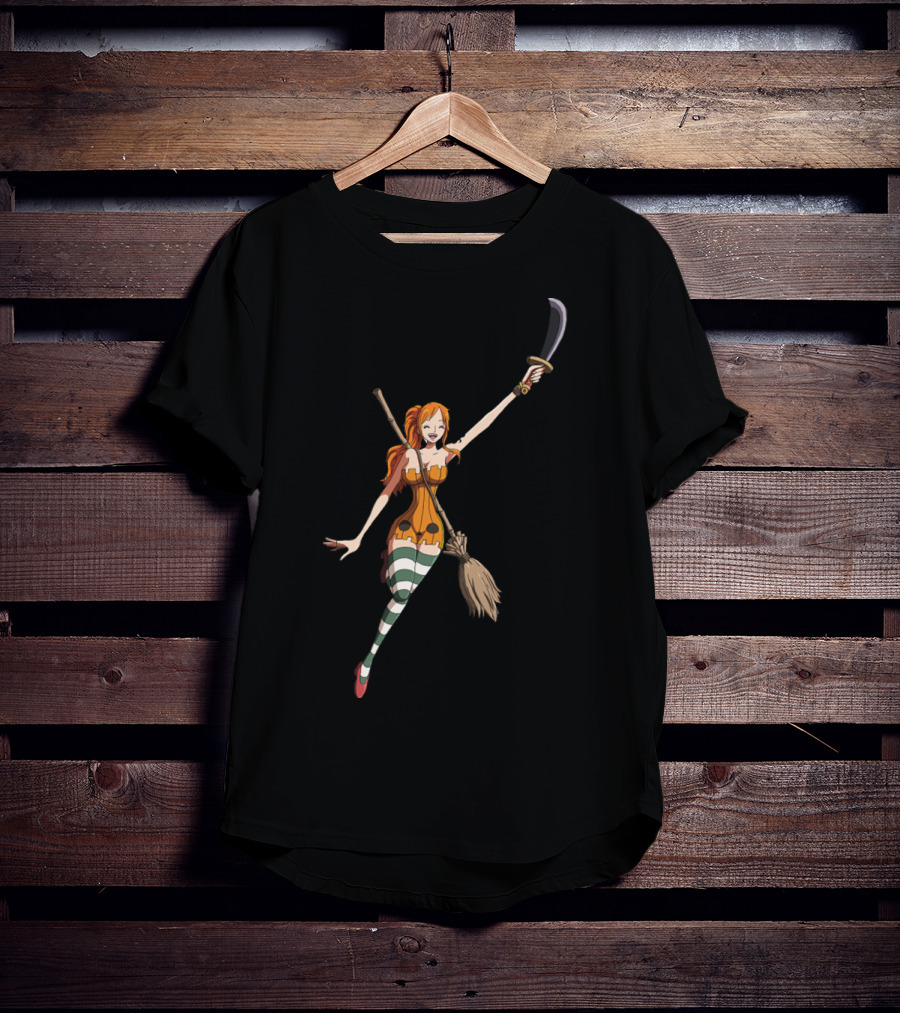 Nami Witch Riding Broomstick Sword Striped Stockings T-Shirt