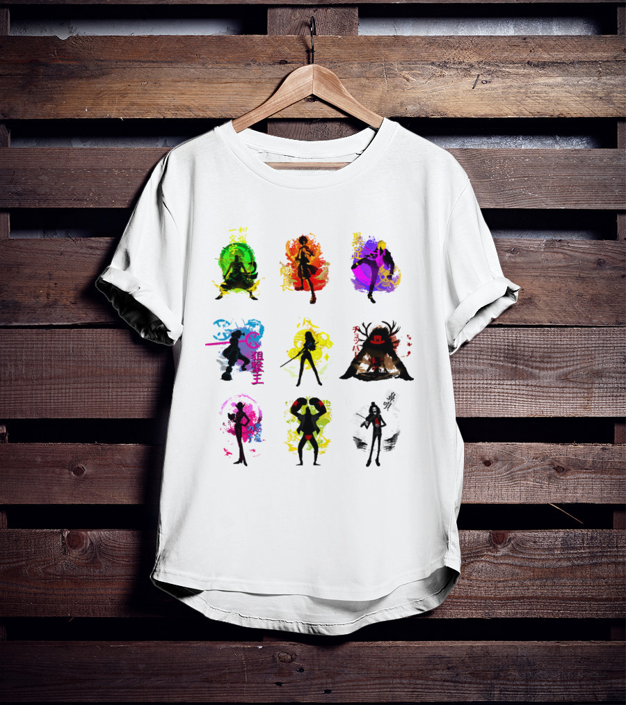 Anime Pirates Straw Hat Crew Silhouettes Japanese Text Colors T-Shirt