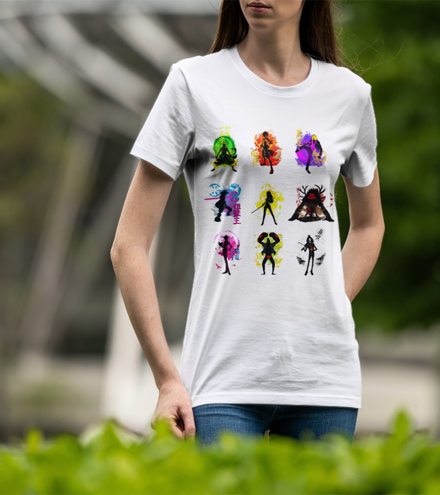 Anime Pirates Straw Hat Crew Silhouettes Japanese Text Colors T-Shirt