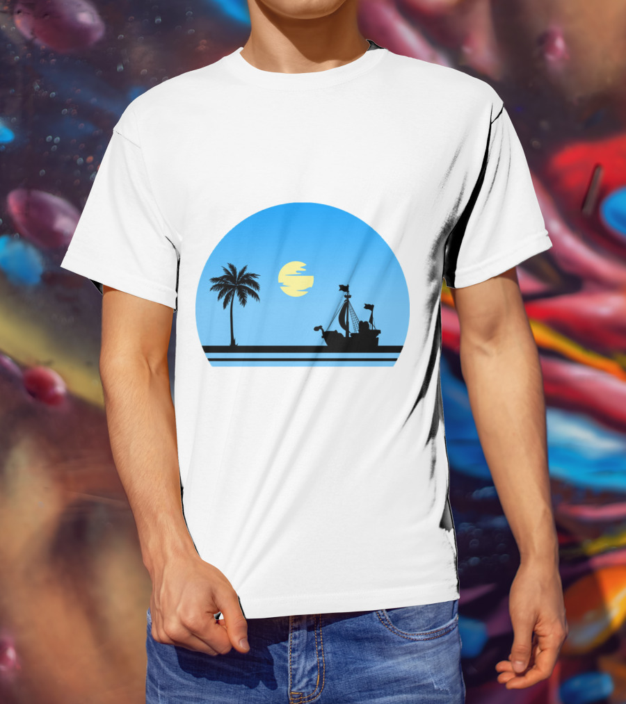 Going Merry Ship Silhouette Sunrise With Palm Tree And Sun T-Shirt
