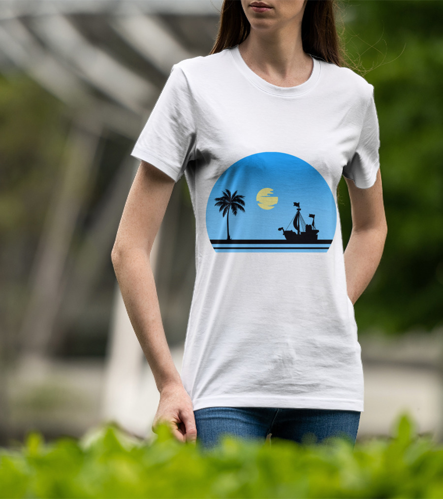 Going Merry Ship Silhouette Sunrise With Palm Tree And Sun T-Shirt
