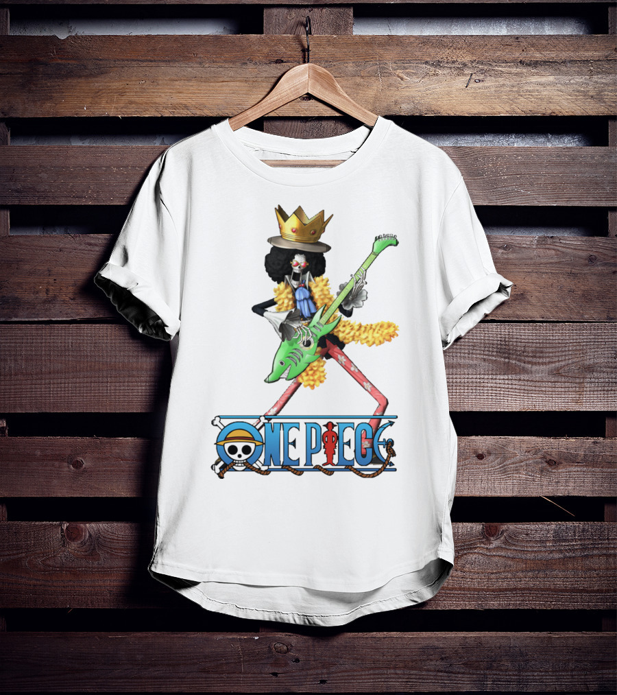 One Piece Brook Playing Guitar With Crown And Yellow Feather Boa T-Shirt
