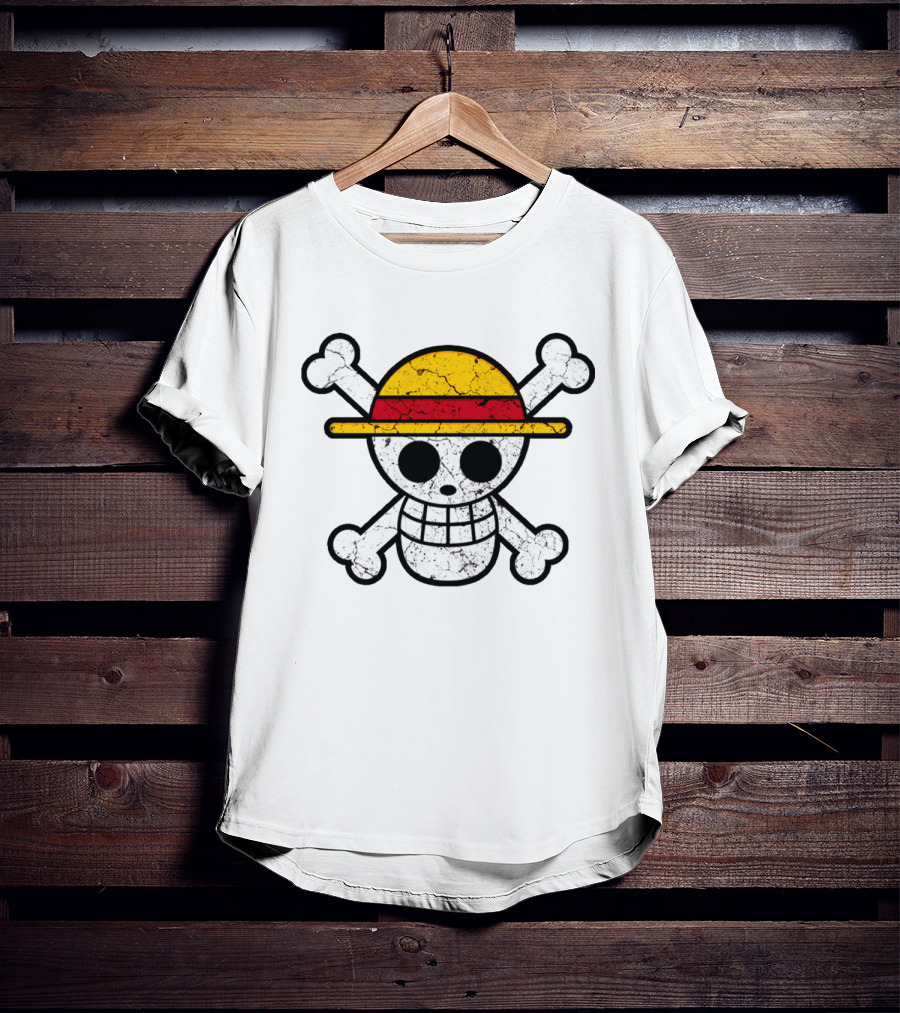 Vintage One Piece Jolly Roger Skull Wearing Straw Hat T-Shirt