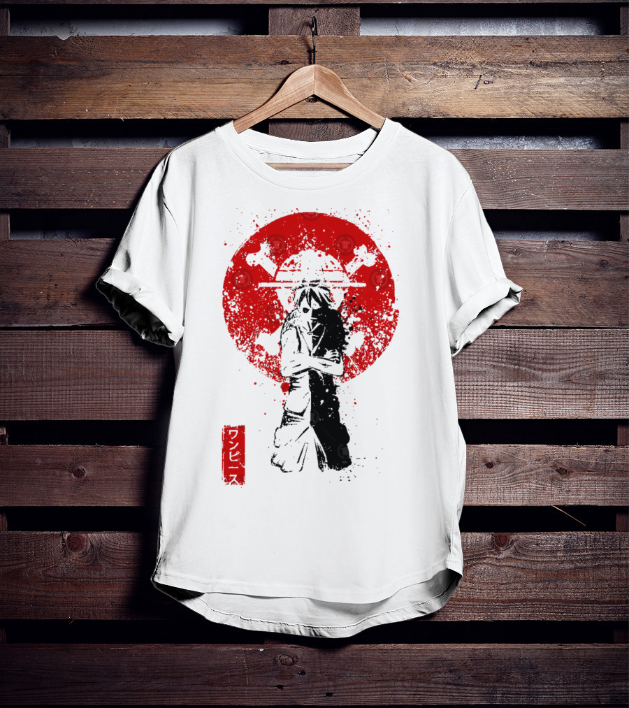 One Piece Pirate's King Splat­ter Japanese Text And Crossbones Red Circle T-Shirt