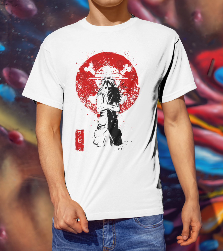 One Piece Pirate's King Splat­ter Japanese Text And Crossbones Red Circle T-Shirt