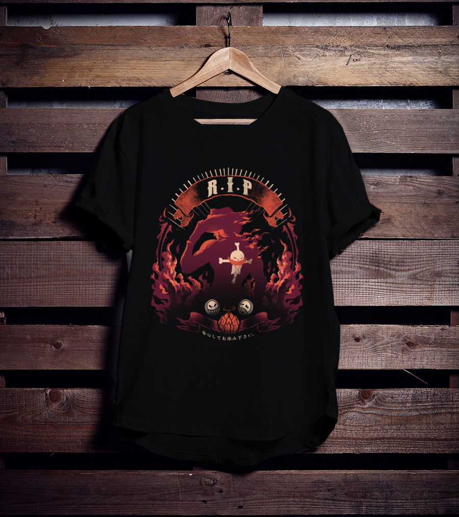 RIP Ace Fire Skull Hat Flames Japanese Text T-Shirt