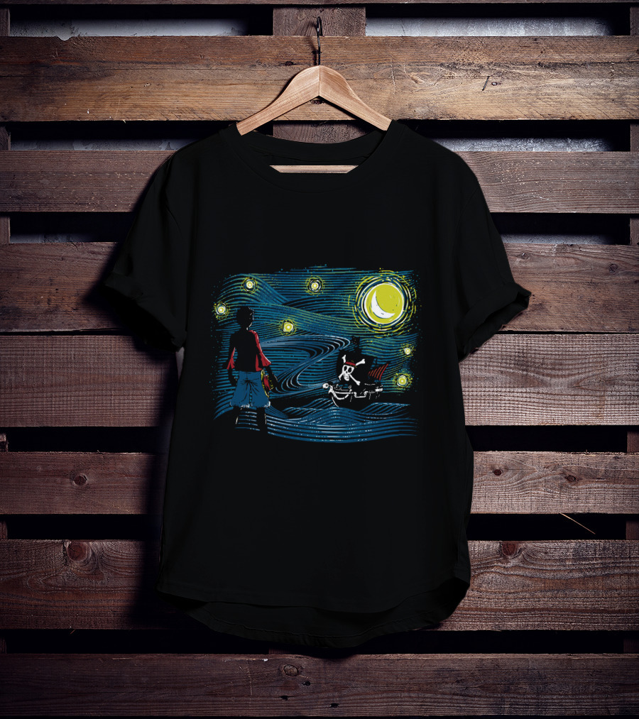 Starry Sea Voyage With Pirate Ship Under Starry Night Sky T-Shirt