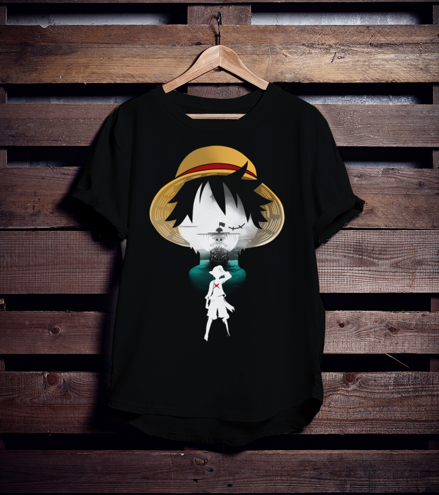 Strawhat Pirate Silhouette Design With Iconic Ship And Sea Adventure T-Shirt