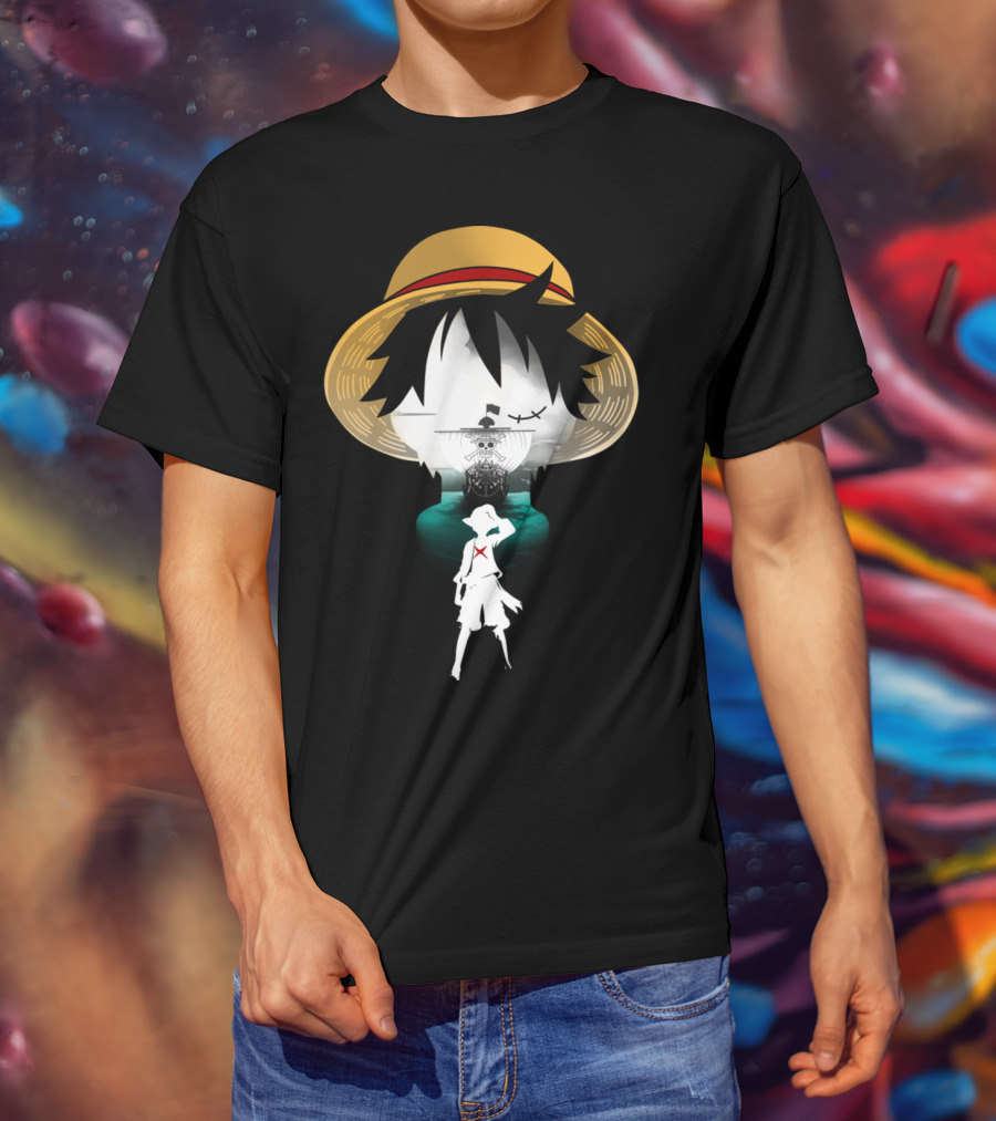 Strawhat Pirate Silhouette Design With Iconic Ship And Sea Adventure T-Shirt
