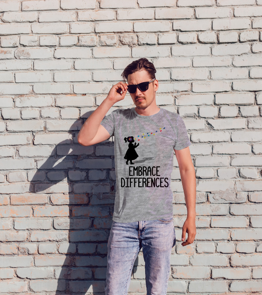 Embrace Differences Silhouette Girl With Autism Puzzle Flower And Colorful Bubbles T-Shirt