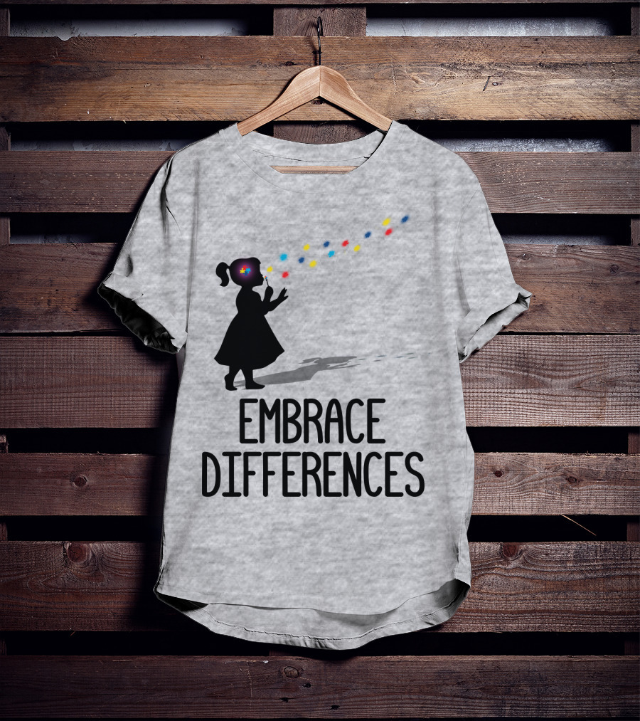 Embrace Differences Silhouette Girl With Autism Puzzle Flower And Colorful Bubbles T-Shirt