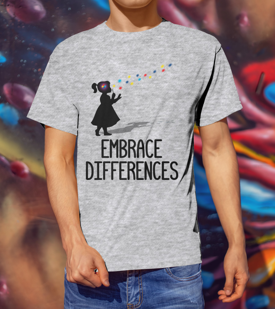 Embrace Differences Silhouette Girl With Autism Puzzle Flower And Colorful Bubbles T-Shirt