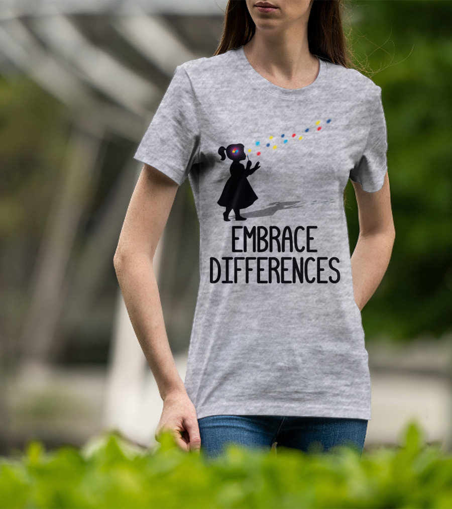 Embrace Differences Silhouette Girl With Autism Puzzle Flower And Colorful Bubbles T-Shirt