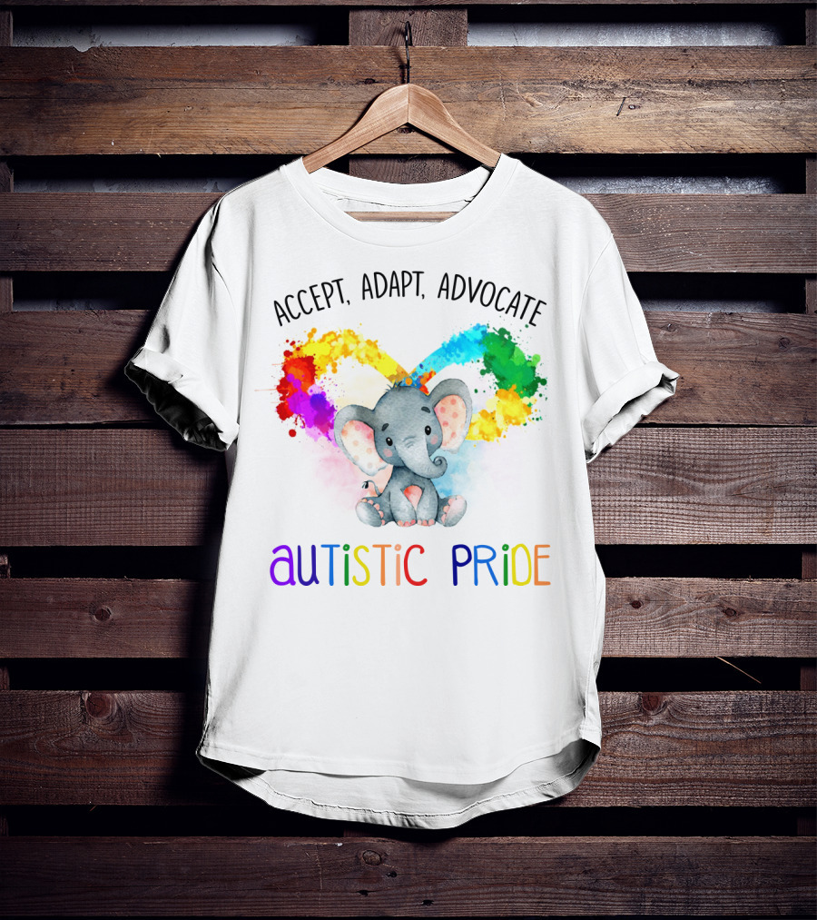 Accept, Adapt, Advocate Autistic Pride Colorful Elephant T-Shirt