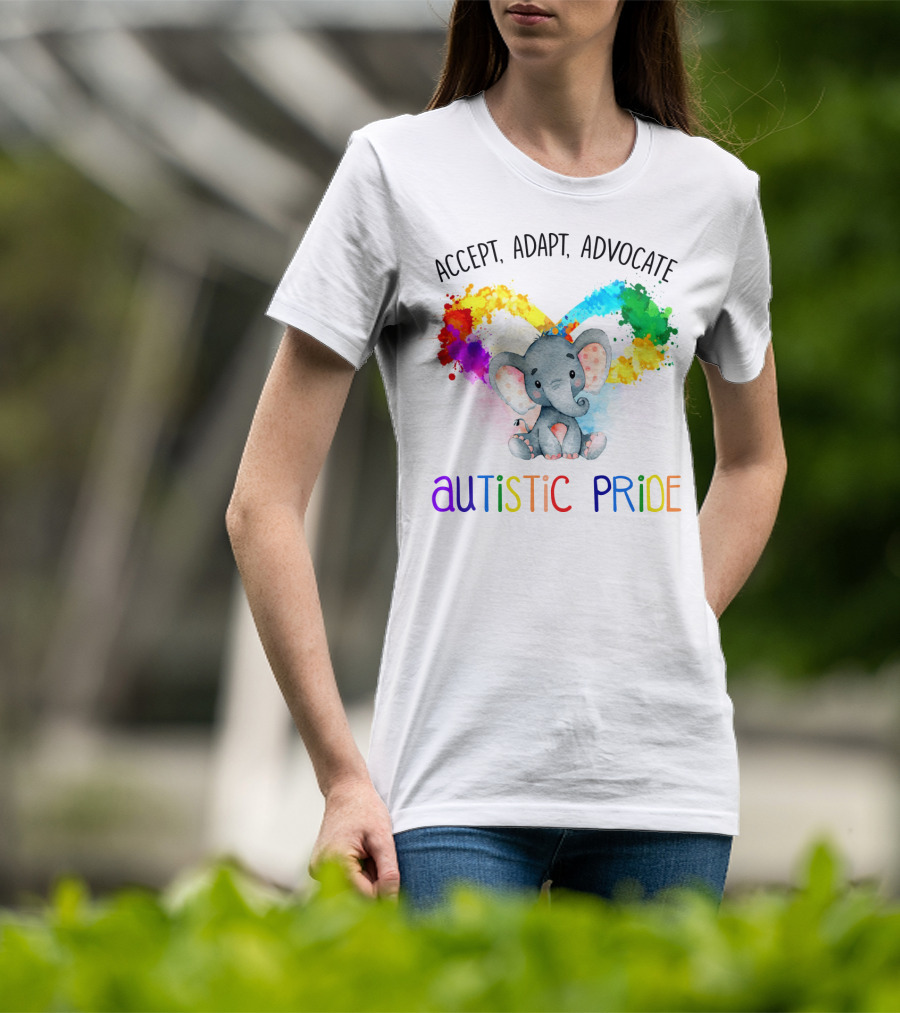 Accept, Adapt, Advocate Autistic Pride Colorful Elephant T-Shirt