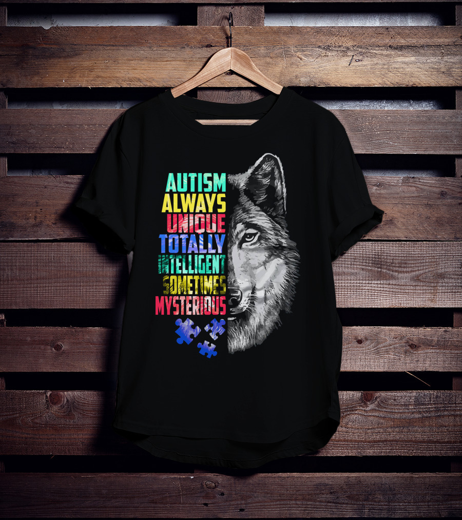 Autism Always Unique Totally Intelligent Sometimes Mysterious Wolf Puzzle T-Shirt