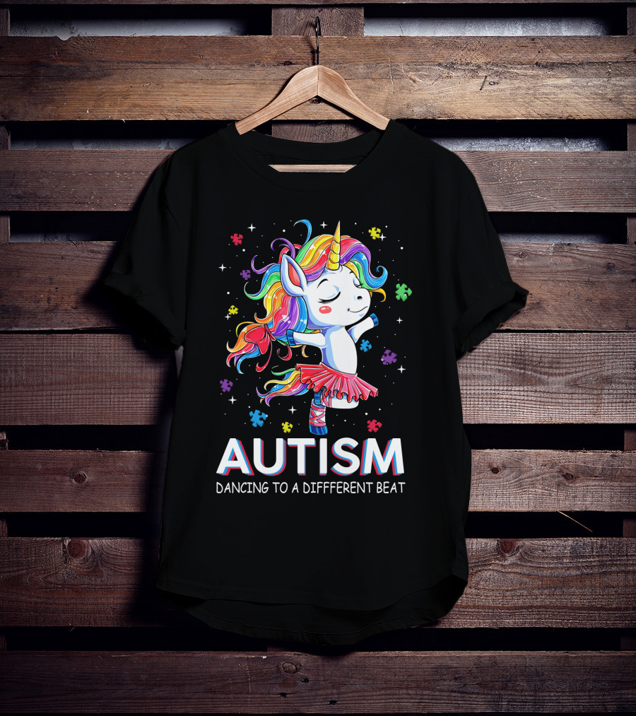 Autism Dancing To A Different Beat Unicorn Puzzle Pieces Rainbow Hair T-Shirt