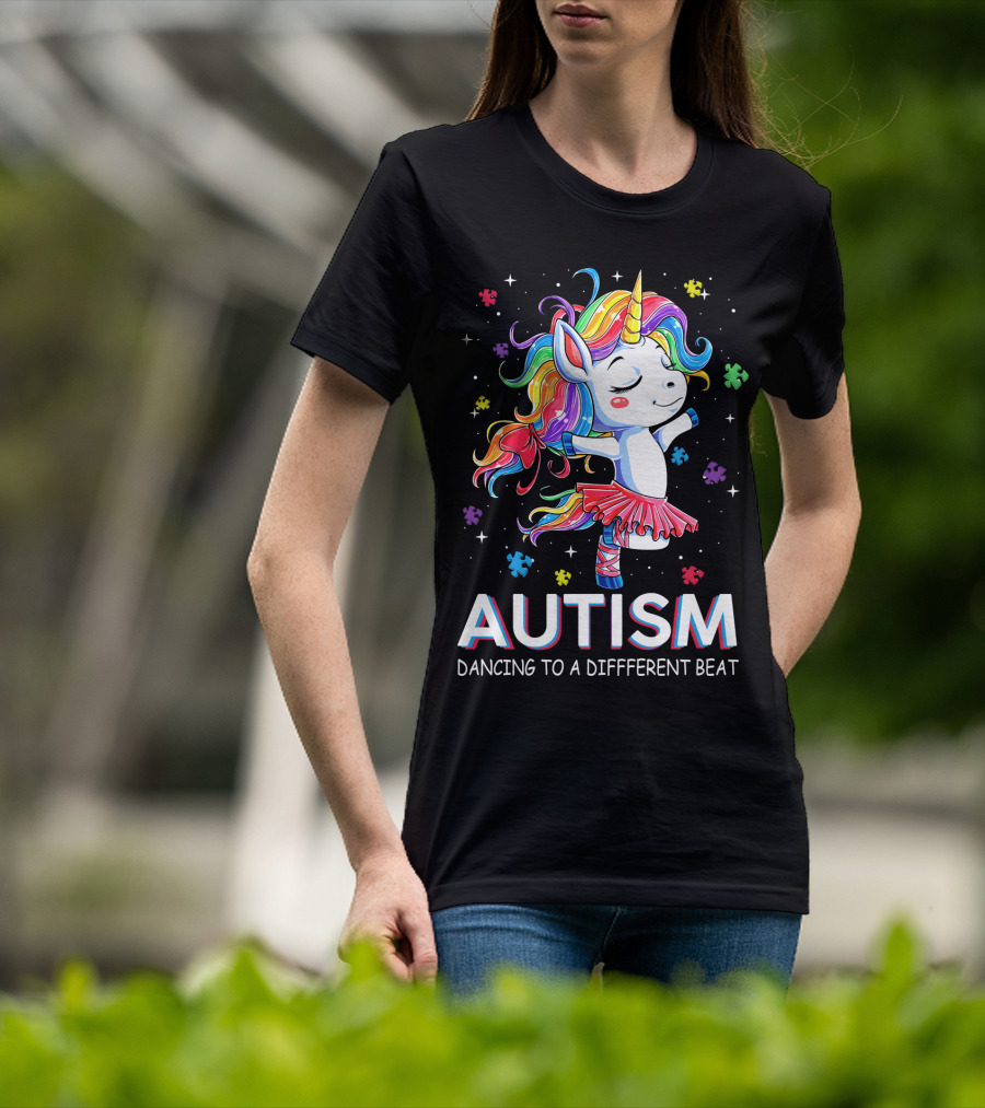 Autism Dancing To A Different Beat Unicorn Puzzle Pieces Rainbow Hair T-Shirt