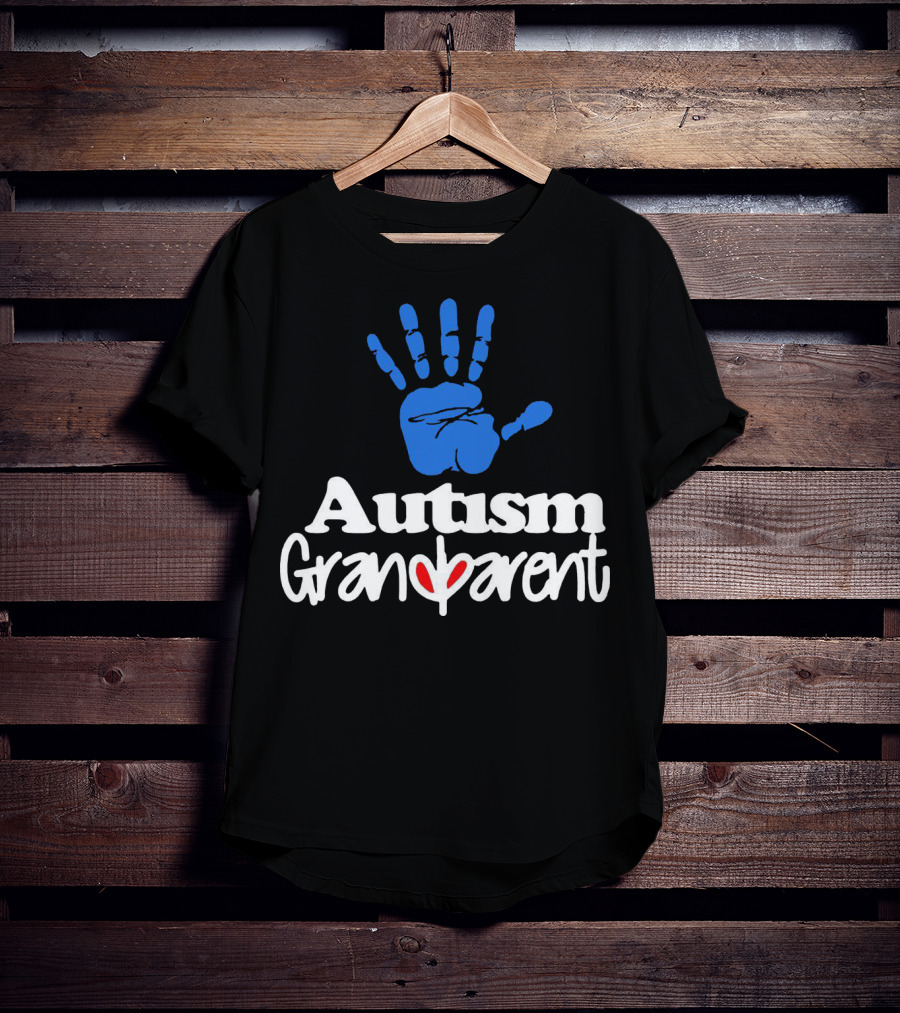 Autism Grandparent Blue Handprint Red Heart Inclusion T-Shirt