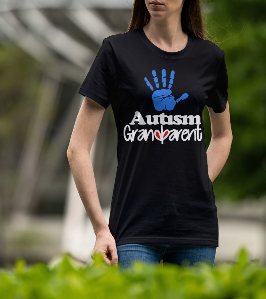 Autism Grandparent Blue Handprint Red Heart Inclusion T-Shirt