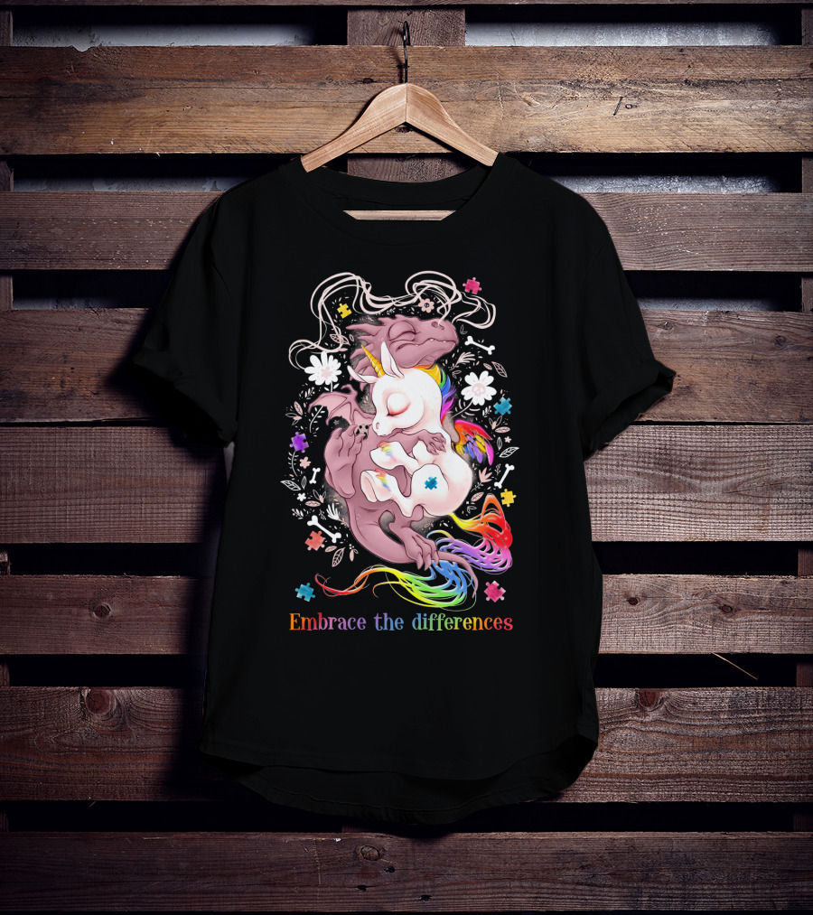 Embrace The Differences Unicorn And Dragon Rainbow Puzzle Flowers T-Shirt