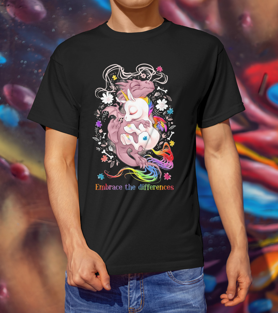 Embrace The Differences Unicorn And Dragon Rainbow Puzzle Flowers T-Shirt