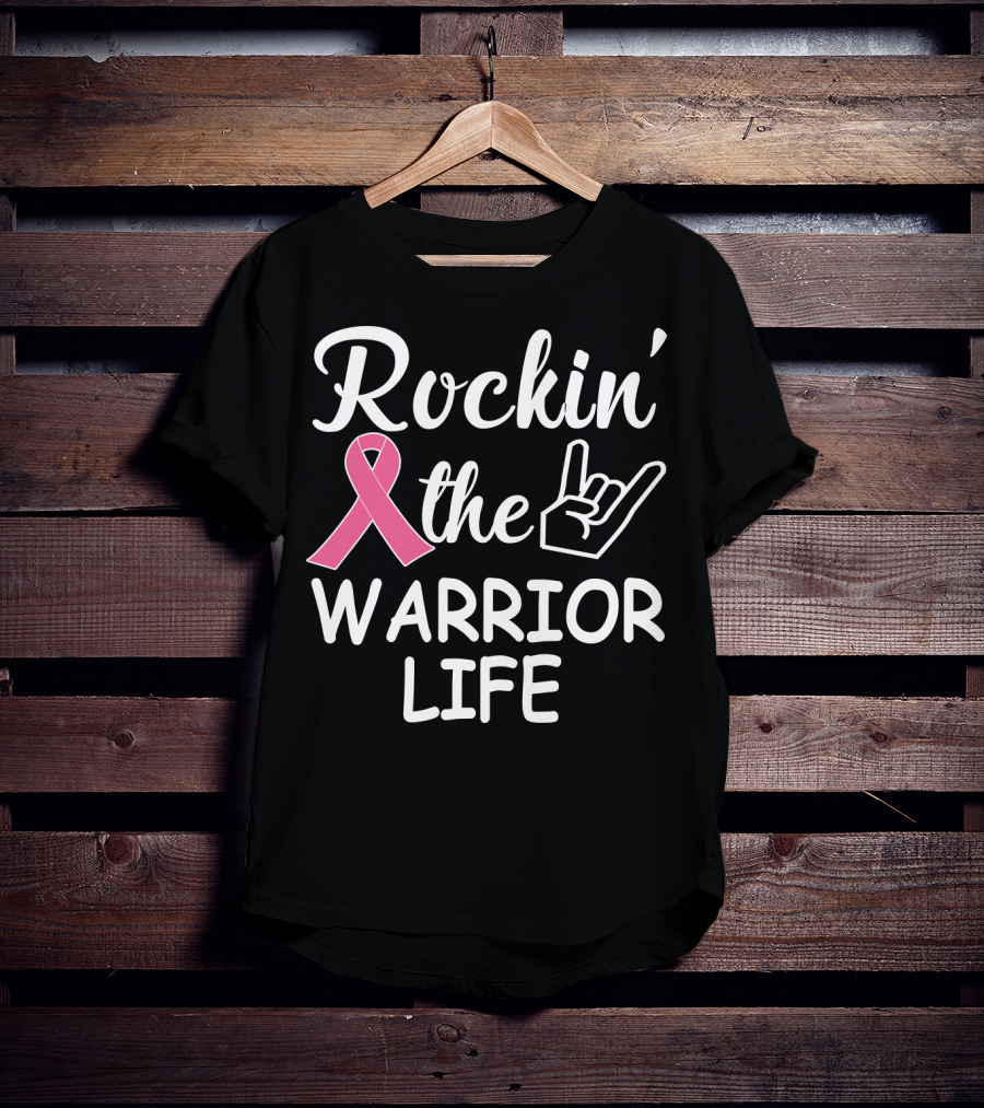 Rockin' The Warrior Life Pink Ribbon Rock Hand T-Shirt