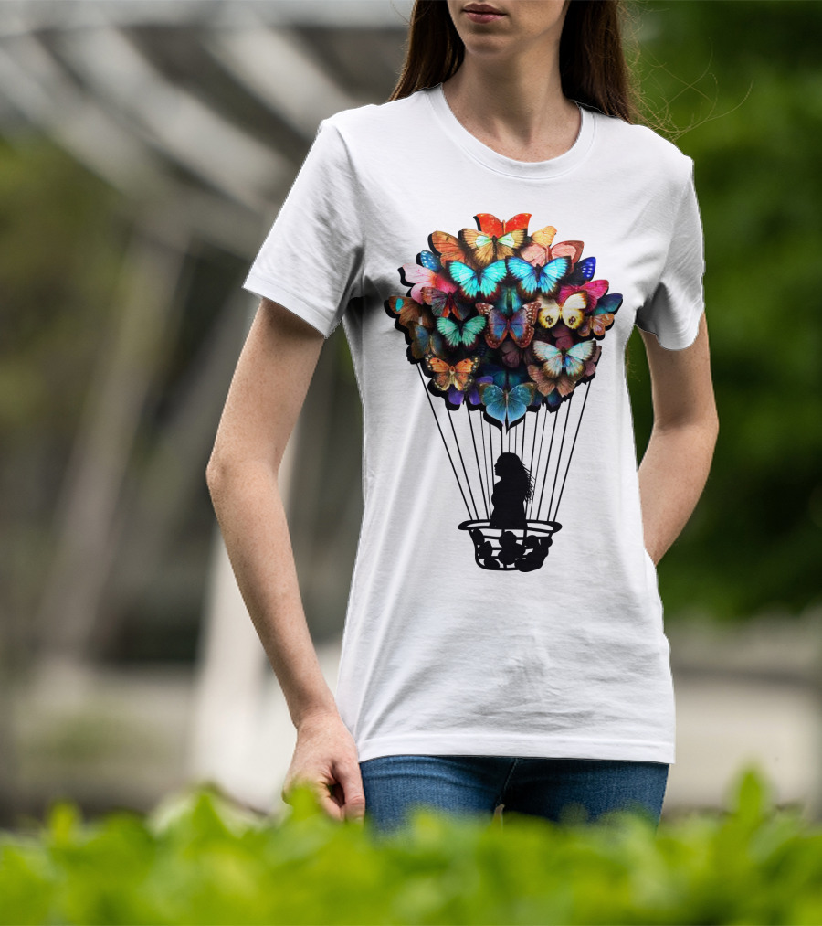 Butterfly BU01 Hot Air Balloon Silhouette With Colorful Wings T-Shirt