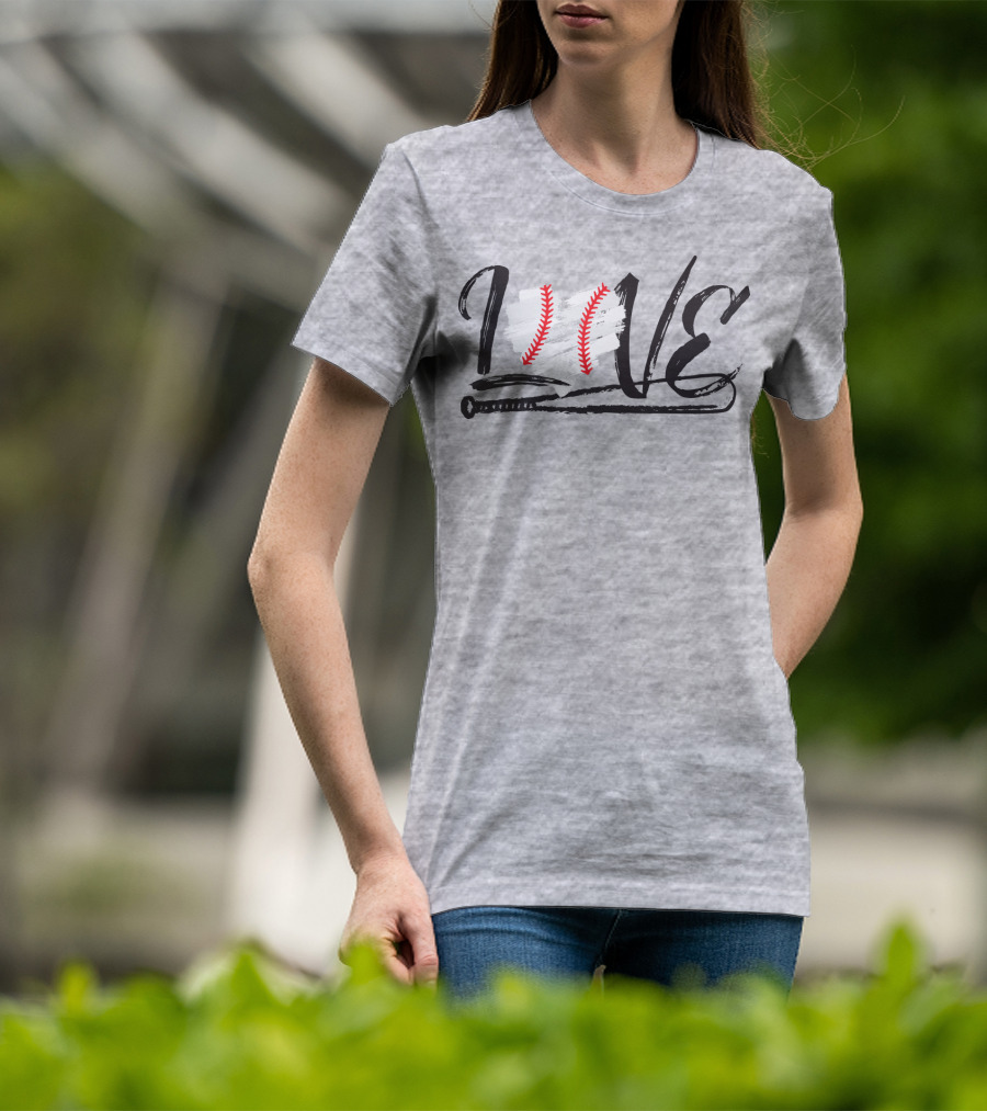 Love Baseball Bat Heart Stitching T-Shirt
