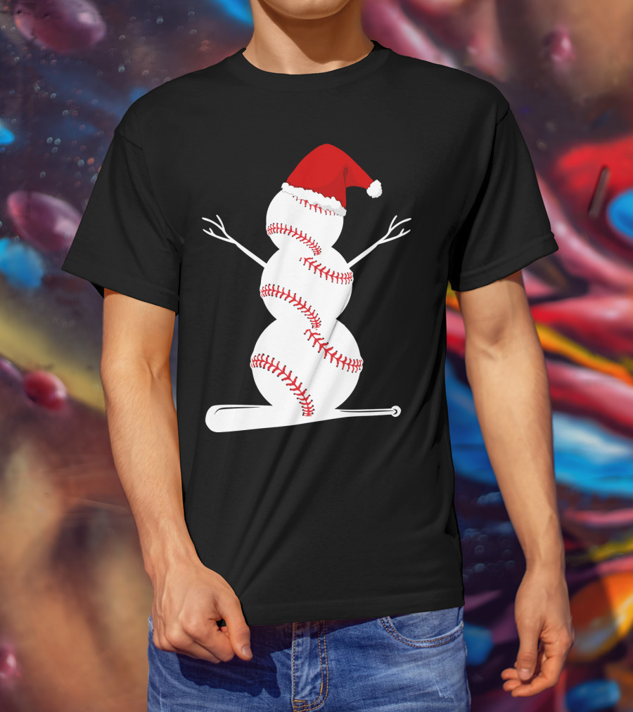 Baseball Snowman Santa Hat Bat Christmas BA01 T-Shirt