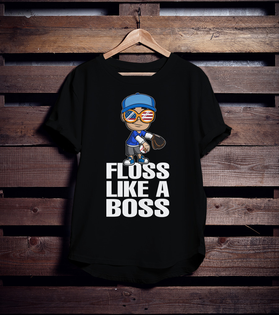 Floss Like A Boss Baseball Player American Flag Sunglasses T-Shirt