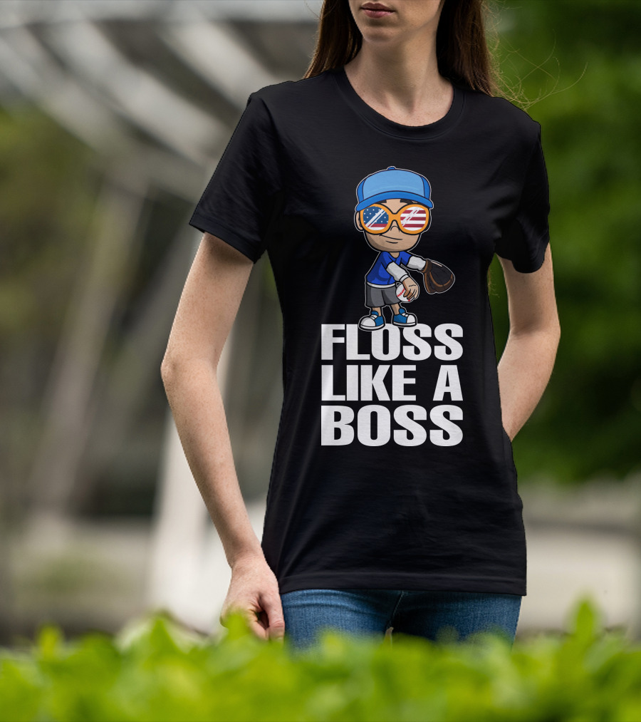 Floss Like A Boss Baseball Player American Flag Sunglasses T-Shirt