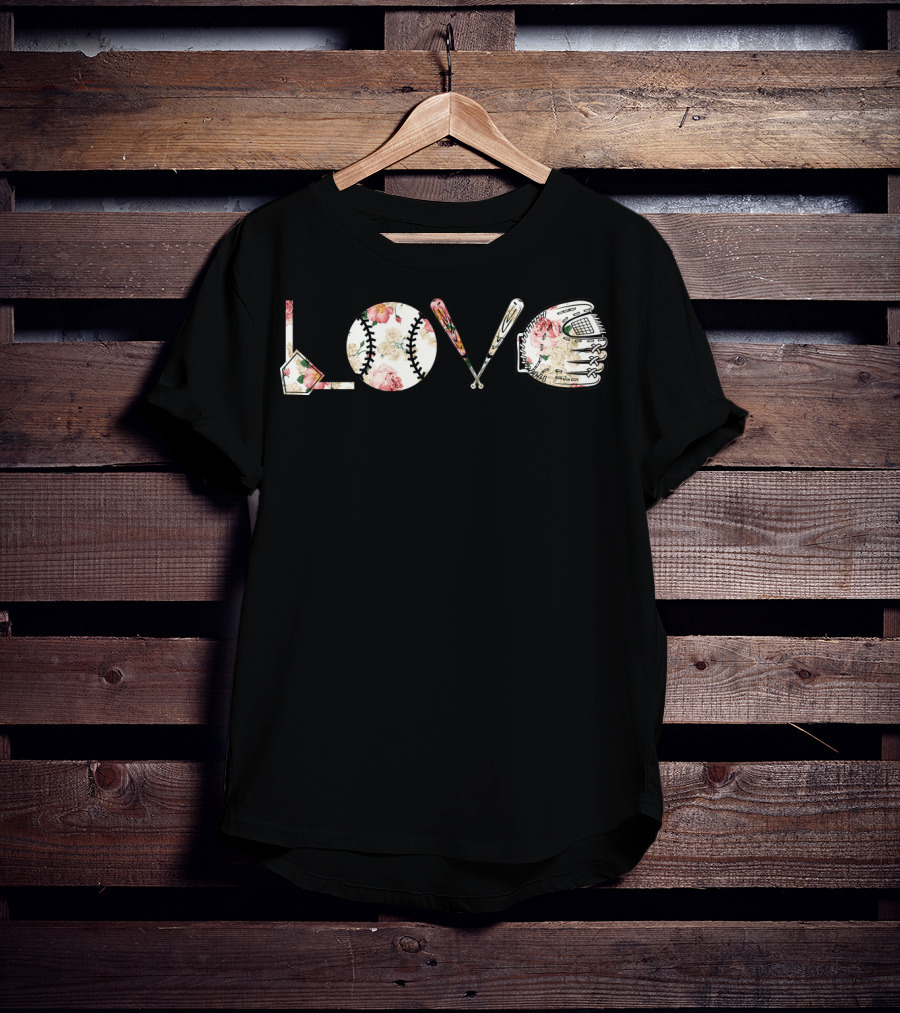 Love Baseball Floral Bat Glove Home Plate T-Shirt