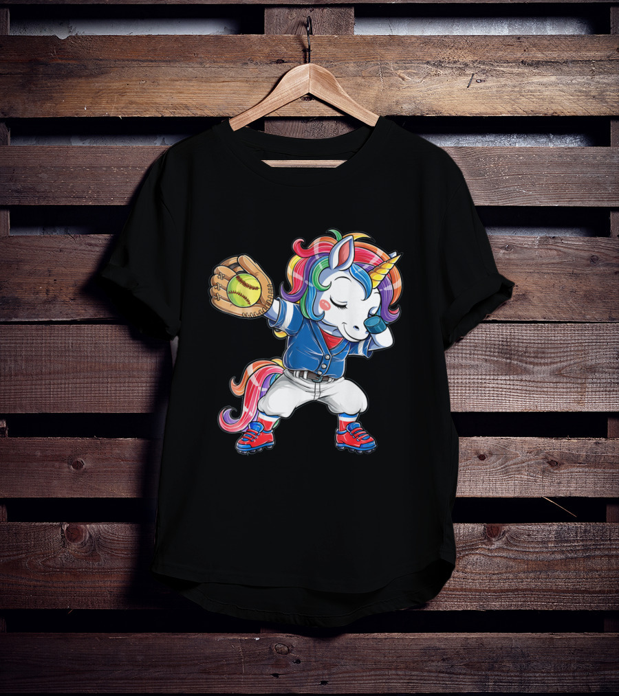 Unicorn Dabbing Rainbow Softball Player Catching Glove T-Shirt