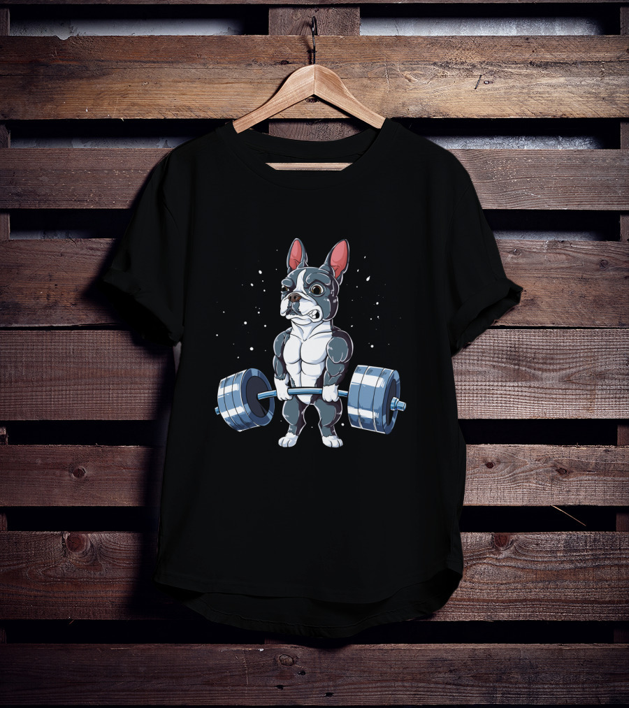 Weight Lifting Boston Terrier With Barbell T-Shirt